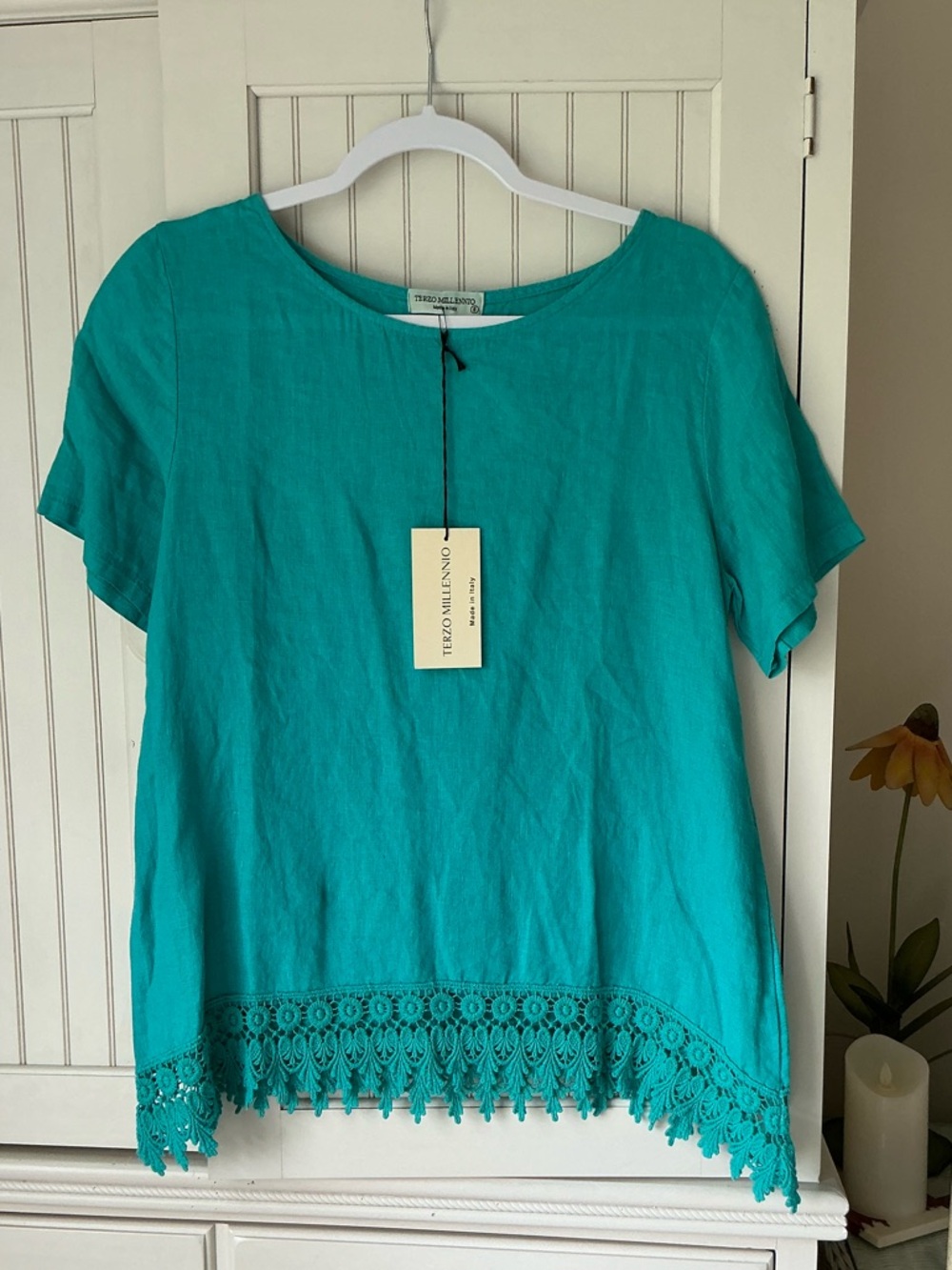 Beautiful NWT Teal Crocheted Lace and Linen Summer Top 🍹